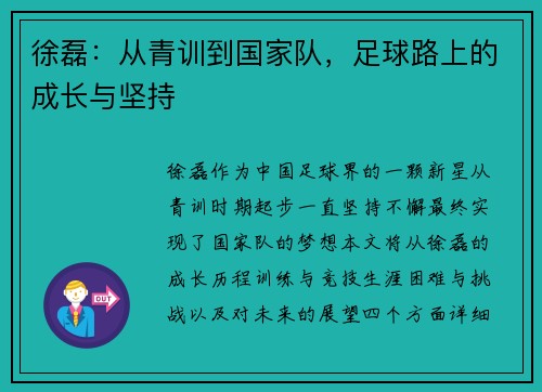 徐磊：从青训到国家队，足球路上的成长与坚持